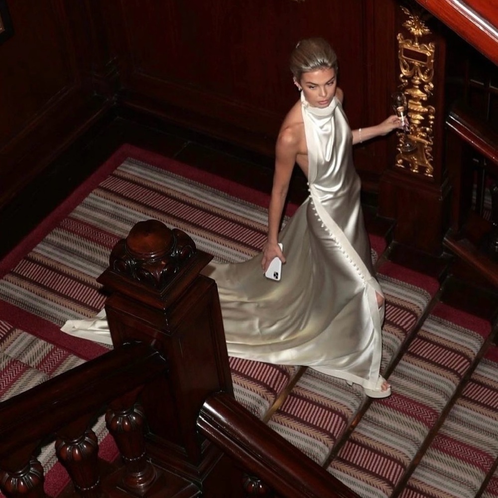 Danielle Frankel Sasha ivory halter silk satin sleeveless wedding dress 2 4 S